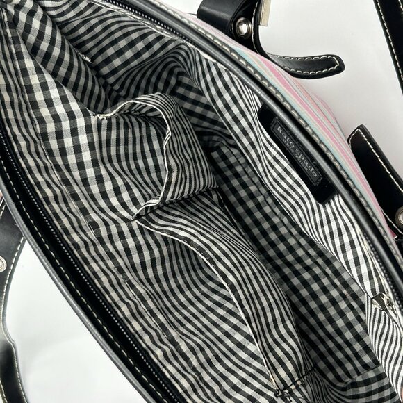 VINTAGE KATE SPADE NY Striped Satchel Pink Blue Coated Canvas Black Trim - RARE - Picture 13 of 16